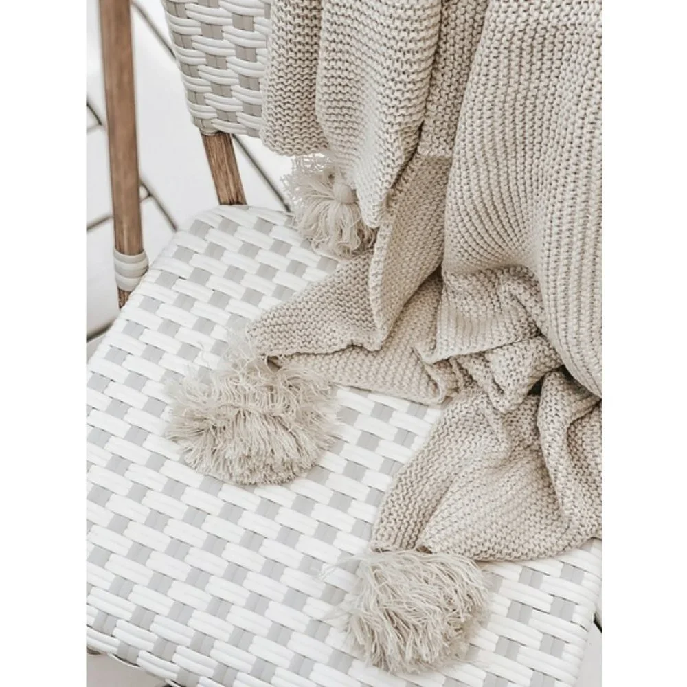 Cream Pom knit throw blanket
